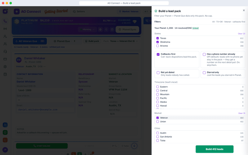 AO Connect Build a lead pack panel: Texas and Oklahoma selected with lead counts per state, callbacks first, timezone, market and city filters, and a Build 412 leads button
