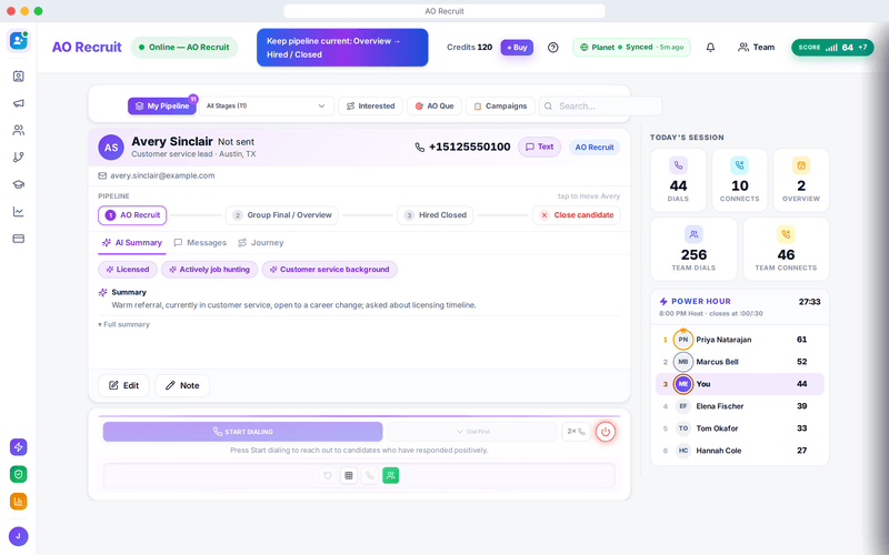 AO Recruit console: My Pipeline with a candidate card showing the AO Recruit, Group Final / Overview and Hired Closed stages, an AI summary, and today's session dials, connects and overviews with the recruiting Power Hour